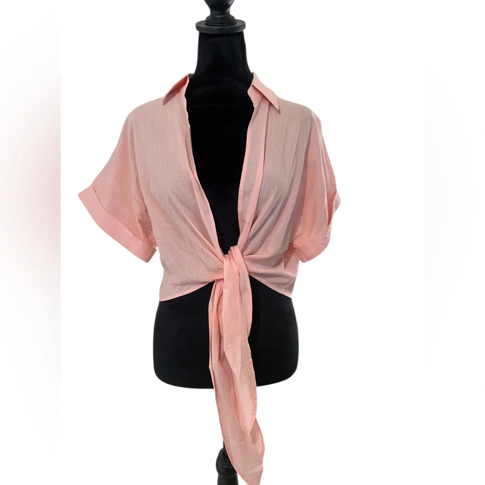 Summer Crop Top Short Sleeve Deep V Neck Sexy Front Tie Blouse,Peach,Large,New - Picture 1 of 9